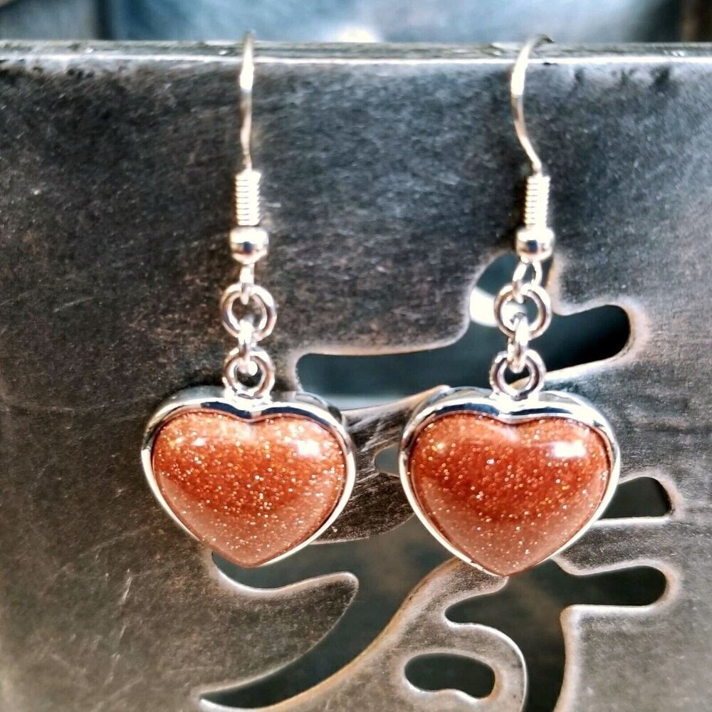 Handcrafted Brown Goldstone Heart Gemstone Pendant Dangle Earrings